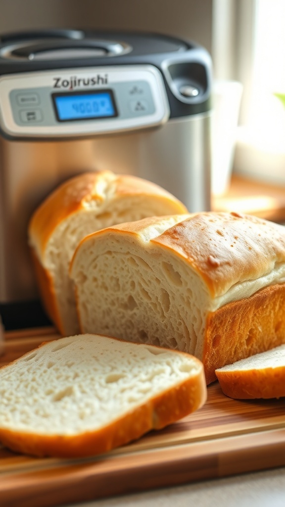Freshly baked white bread from a Zojirushi bread machine, sliced on a wooden board.